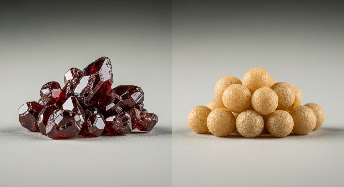 Porownanie ziaren: ostrokrawedziowy korund po lewej i zaokraglony piasek kwarcowy po prawej